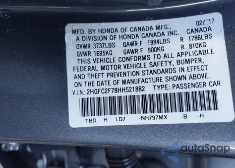 2017 Honda Civic Ex из США, поврежденный, VIN 2HGFC2F78HH521882